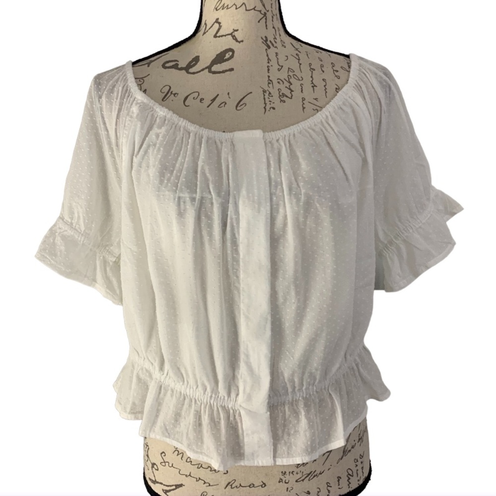 J. Crew Swiss Dot Hidden Button Placket Elastic Neckline Peasant Top White XL